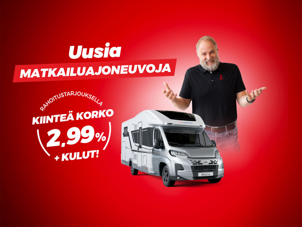 Varastossa oleviin uusiin matkailuautoihin ja -vaunuihin 2,99 % + kulut 