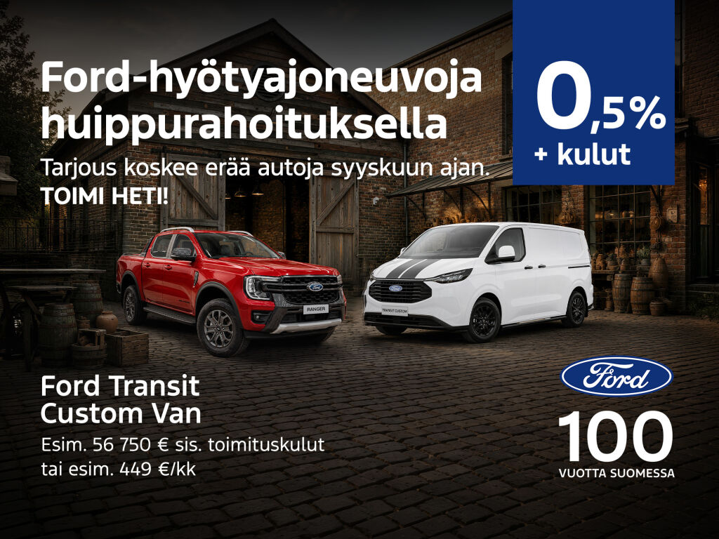 Rajattu erä uusia Ford-hyötyajoneuvoja rahoituksella 0,5 % + kulut