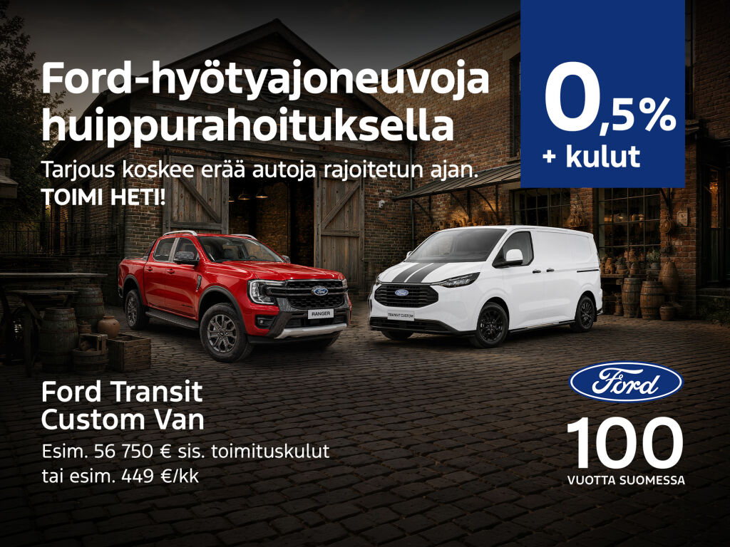 Rajattu erä uusia Ford-hyötyajoneuvoja rahoituksella 0,5 % + kulut