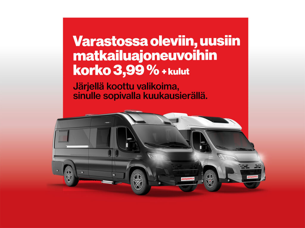 Varastossa oleviin, uusiin matkailuajoneuvoihin korko 3,99 % + kulut. 