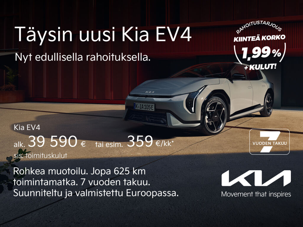 Täysin uusi Kia EV4 nyt edullisella korkotarjouksella 1,99 % + kulut
